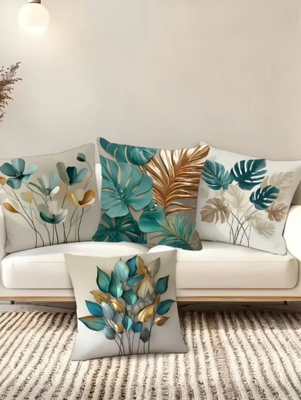 Teal & Gold Botanical Accent Pillow Set - Modern Home Accent. 4 PCs.